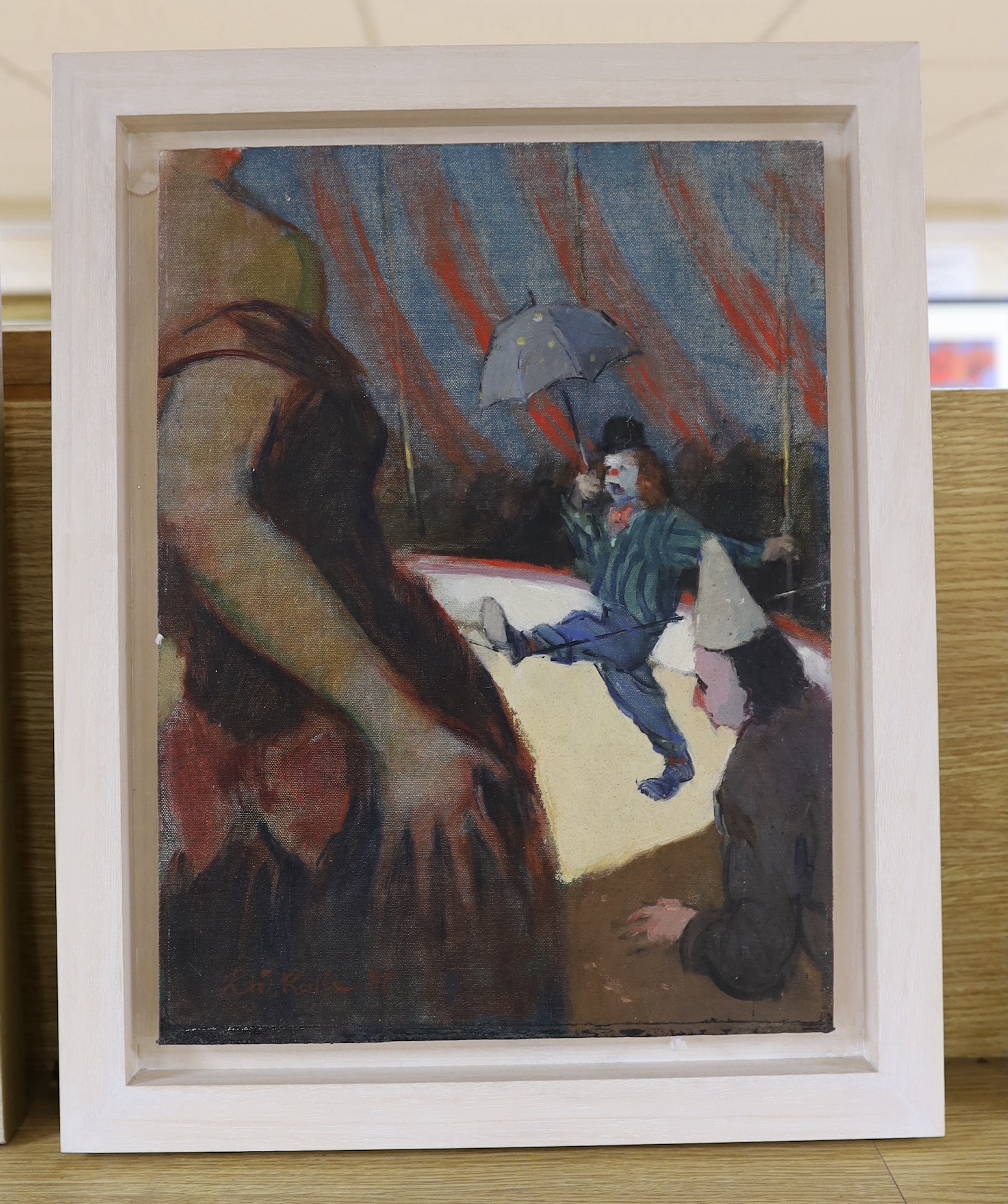 Eric Rolfe, oil on canvas board, Circus clowns, signed and dated '82, 40 x 30cm